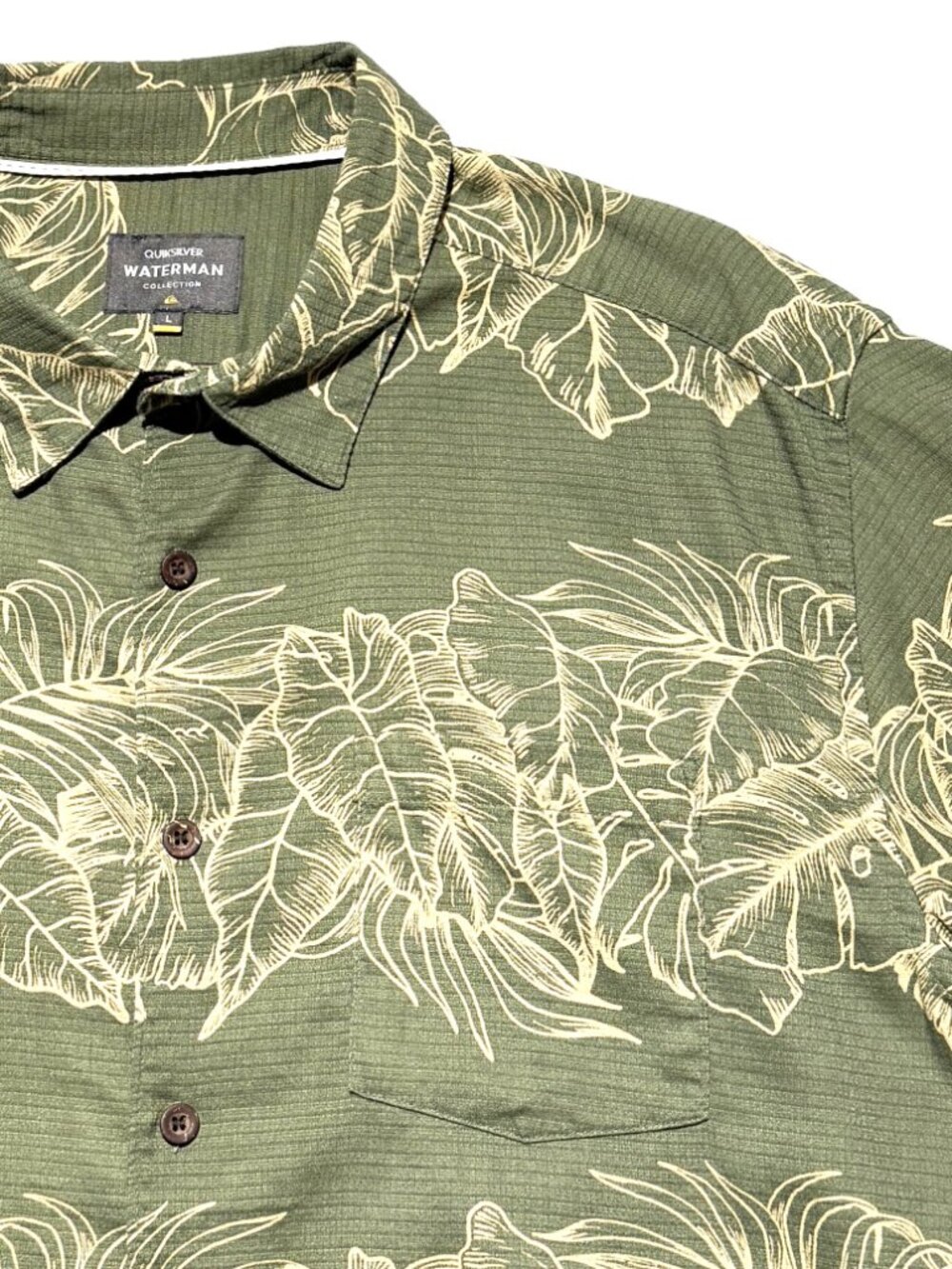 Quicksilver Waterman Mens Shirt Large Olive/Cream Floral Pattern Comfort Fit